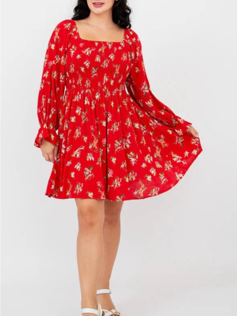 Blue Sky Red Floral Square-Neck Long-Sleeve Kids Dress - Picture 2 of 5